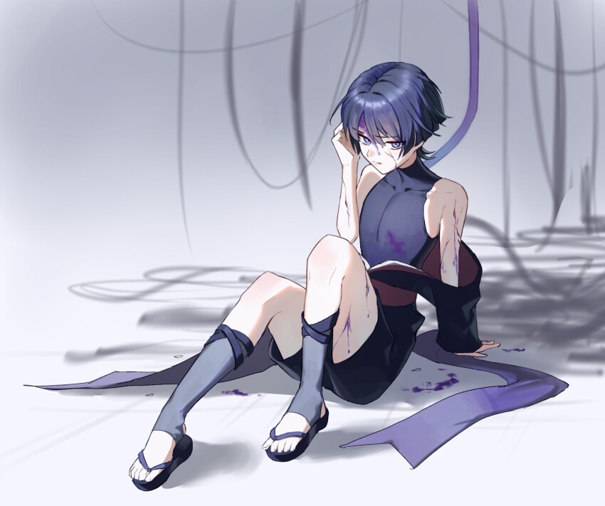 1boy arm_at_side arm_support black_kimono black_sandals black_shorts bleeding blood blood_from_forehead blood_on_arm blood_on_clothes blood_on_leg blunt_ends cable closed_mouth clothes_down covered_collarbone cracked_skin eyeliner eyeshadow fuli_(narumiyafuri) full_body furisode genshin_impact grey_background grey_leggings hand_on_own_head hand_up highres injury japanese_clothes juban kimono leggings looking_at_viewer makeup male_focus purple_blood purple_eyes purple_hair red_eyeliner red_eyeshadow red_kimono red_sash sandals sash scaramouche_(genshin_impact) shorts sitting solo stirrup_legwear toeless_legwear toenails toes wispy_bangs zouri