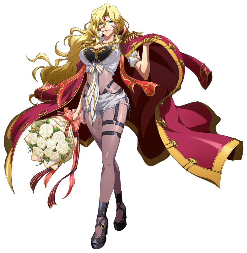 1girl aiguillette bad_tag black_bra black_shoes black_straps blonde_hair blue_eyes bodystocking bouquet bra breasts buttons chest_jewel cleavage coat coat_on_shoulders collared_shirt crossed_legs curtained_hair earrings facial_mark floating_clothes floating_hair flower flower_in_mouth forehead_mark framed_breasts front-tie_top full_body game_cg high_heels highres holding holding_bouquet hoop_earrings huge_breasts imelda_(langrisser) jewelry langrisser langrisser_ii langrisser_mobile leather_panties long_hair long_sidelocks looking_at_viewer midriff military_coat mole mole_under_mouth official_alternate_costume official_art open_clothes open_coat parted_hair red_coat red_ribbon red_shawl ribbon rose second-party_source see-through_bodystocking shawl shirt shoes short_shorts shorts shoulder_boards sidelocks silco simple_background sleeves_rolled_up smile solo standing tachi-e thigh_strap tied_shirt torn_clothes torn_shorts transparent_background underwear very_long_hair white_flower white_rose white_shirt white_shorts yellow_trim
