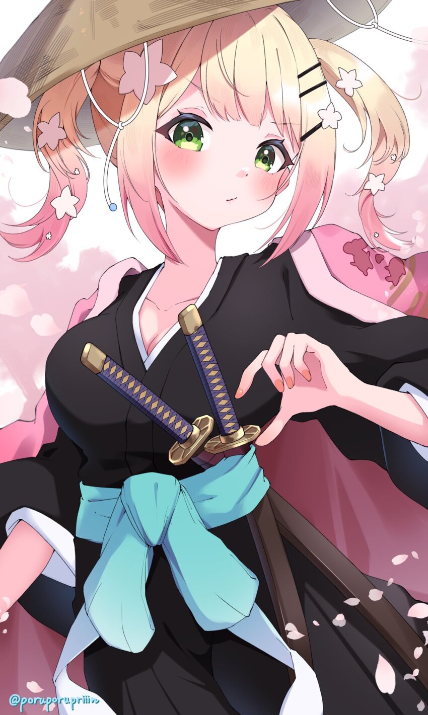 1girl ajirogasa black_kimono blonde_hair blue_sash breasts cleavage closed_mouth collarbone commentary_request cosplay flower gradient_hair green_eyes hair_ornament hairclip hand_up haori hat highres hololive japanese_clothes katana kimono kyouraku_shunsui kyouraku_shunsui_(cosplay) momosuzu_nene multicolored_hair nail_polish official_alternate_hairstyle orange_nails pink_background pink_hair pink_haori sash shihakusho shinigami sidelocks solo sword turning_head twintails twitter_username virtual_youtuber weapon white_background white_flower yuki_guni_(yukiworld_ww) zanpakutou
