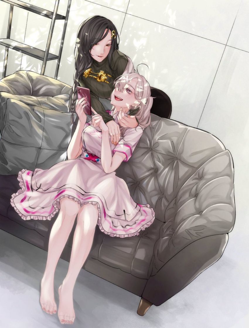 2girls black_hair blush braid breasts couple eyes_visible_through_hair green_sweater grey_hair hair_ornament hair_over_one_eye higashizukihi_sei highres large_breasts long_braid long_hair mole multicolored_hair multiple_girls nijisanji nurse open_mouth orange_eyes ribbed_sweater shirayuki_tomoe shirayuki_tomoe_(1st_costume) single_braid smile sukoya_kana sukoya_kana_(1st_costume) sweater virtual_youtuber x_hair_ornament yuri