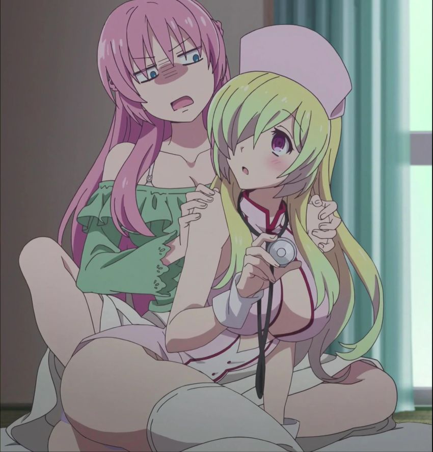 2girls anime_screenshot ass blonde_hair blue_eyes blue_panties blush bra breasts cleavage collarbone covered_erect_nipples detached_sleeves frey_(megami-ryou_no_ryoubo-kun) green_shirt hair_over_one_eye hat highres large_breasts long_hair long_sleeves looking_at_another megami-ryou_no_ryoubo-kun multiple_girls nurse nurse_cap open_mouth panties pink_hair purple_eyes saotome_atena shaded_face shirt skirt stethoscope stitched thighhighs thighs third-party_edit underwear white_legwear white_skirt