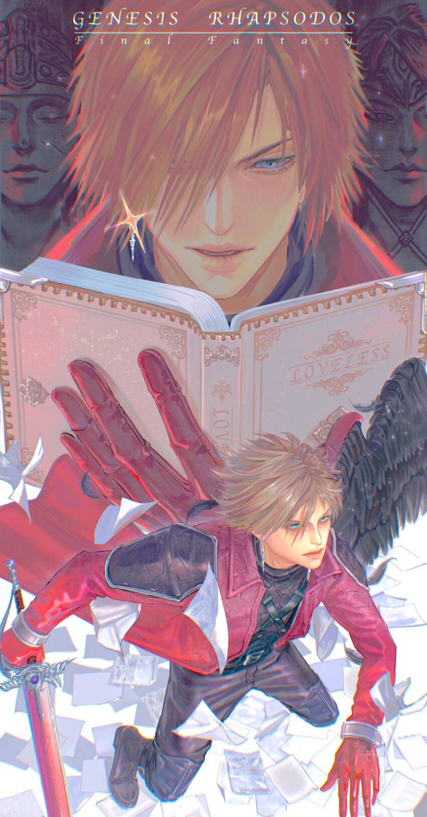 1boy belt belt_buckle black_pants black_wings blue_eyes book boots brown_hair buckle chest_strap crisis_core_final_fantasy_vii earrings feathered_wings final_fantasy final_fantasy_vii final_fantasy_vii_ever_crisis genesis_rhapsodos gloves hair_between_eyes highres holding holding_book holding_sword holding_weapon jacket jewelry lips multiple_belts multiple_views niuuage open_book pants paper parted_lips reading red_gloves red_jacket short_hair shoulder_pads single_wing sparkle sweater sword turtleneck turtleneck_sweater weapon wings