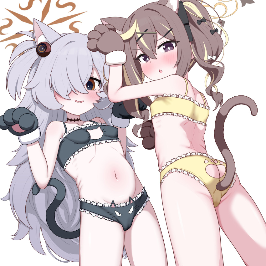 2girls absurdres anal anal_beads anal_object_insertion anal_tail animal_ear_fluff animal_ears animal_hands arms_up ass ass_cutout black_bra black_panties blackness_(blackness661) blue_archive blush bra breasts brown_eyes brown_hair butt_crack butt_plug cat_ears cat_lingerie cat_tail clothing_cutout fake_tail gloves hair_over_one_eye halo highres kanoe_(blue_archive) loli long_hair looking_back multiple_girls navel object_insertion open_mouth panties paw_gloves paw_pose rena_(blue_archive) ribbon sex_toy small_breasts stomach tail thighs twintails underwear white_hair yellow_bra yellow_panties