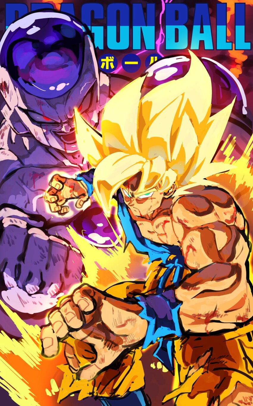 2boys aura blonde_hair blood blood_on_face clenched_hand colored_skin commentary copyright_name dougi dragon_ball dragonball_z english_commentary fighting_stance final_form_frieza frieza full_power_frieza funnismonkis glowing glowing_eyes green_eyes highres looking_at_viewer male_focus multiple_boys muscular muscular_male open_mouth orange_dougi red_eyes son_goku spiked_hair super_saiyan super_saiyan_1 torn_clothes transformation white_skin