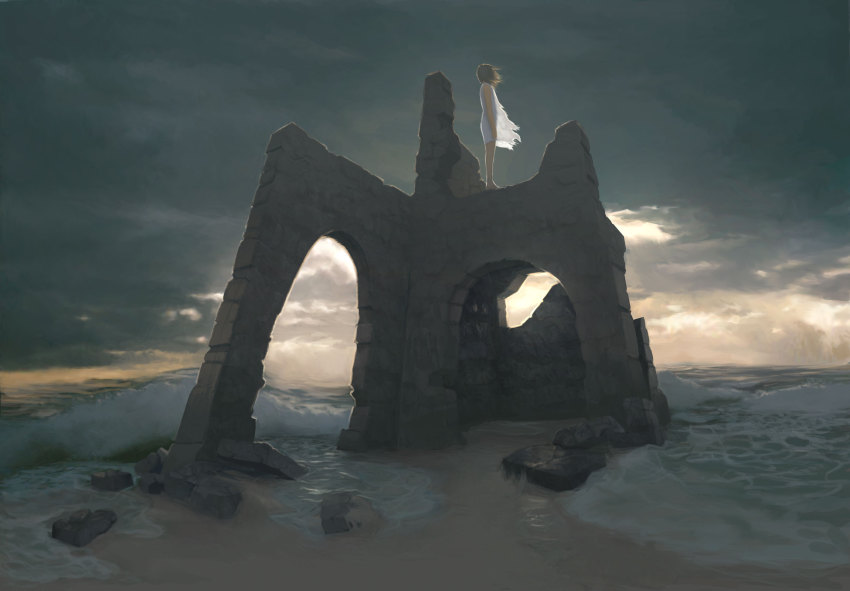 1girl beach cloud dark female_focus highres justin_cherry ruins scenery see-through_clothes solo standing stormy_waters wind