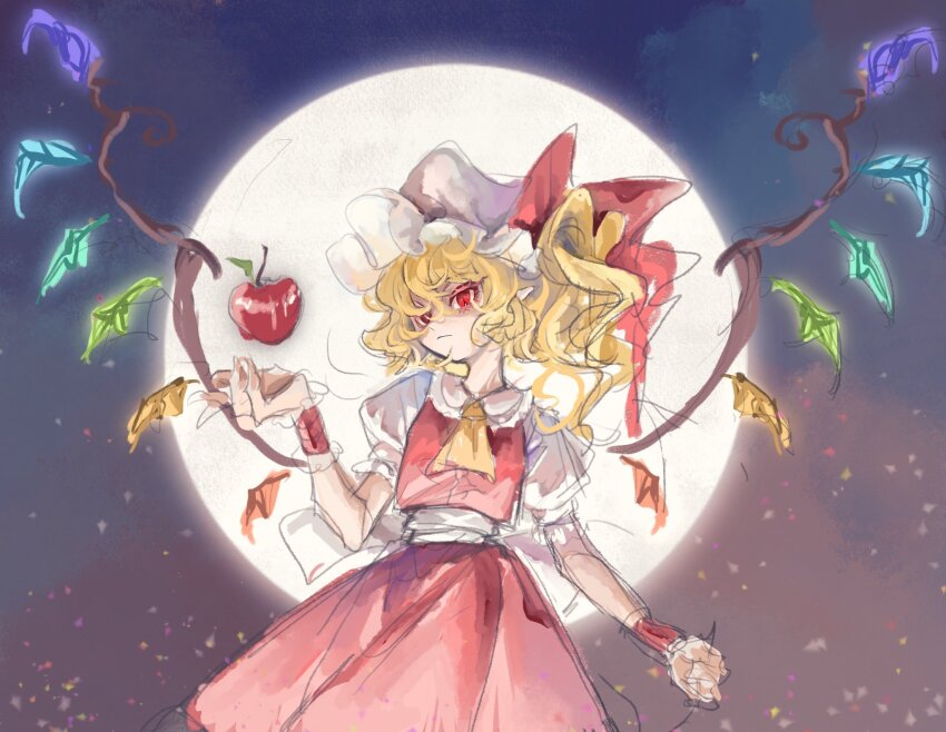 80isiiii apple ascot back_bow blonde_hair bow clenched_hand collared_shirt crystal crystal_wings flandre_scarlet floating food frilled_shirt_collar frilled_skirt frilled_sleeves frills fruit full_moon hat hat_ribbon highres holding holding_food holding_fruit levitation looking_at_food medium_hair midriff mob_cap moon night night_sky one_side_up pointy_ears puffy_short_sleeves puffy_sleeves red_eyes red_ribbon red_skirt red_vest red_wrist_cuffs ribbon shirt short_sleeves sketch skirt skirt_set sky touhou vest white_bow white_hat white_shirt wings wrist_cuffs yellow_ascot