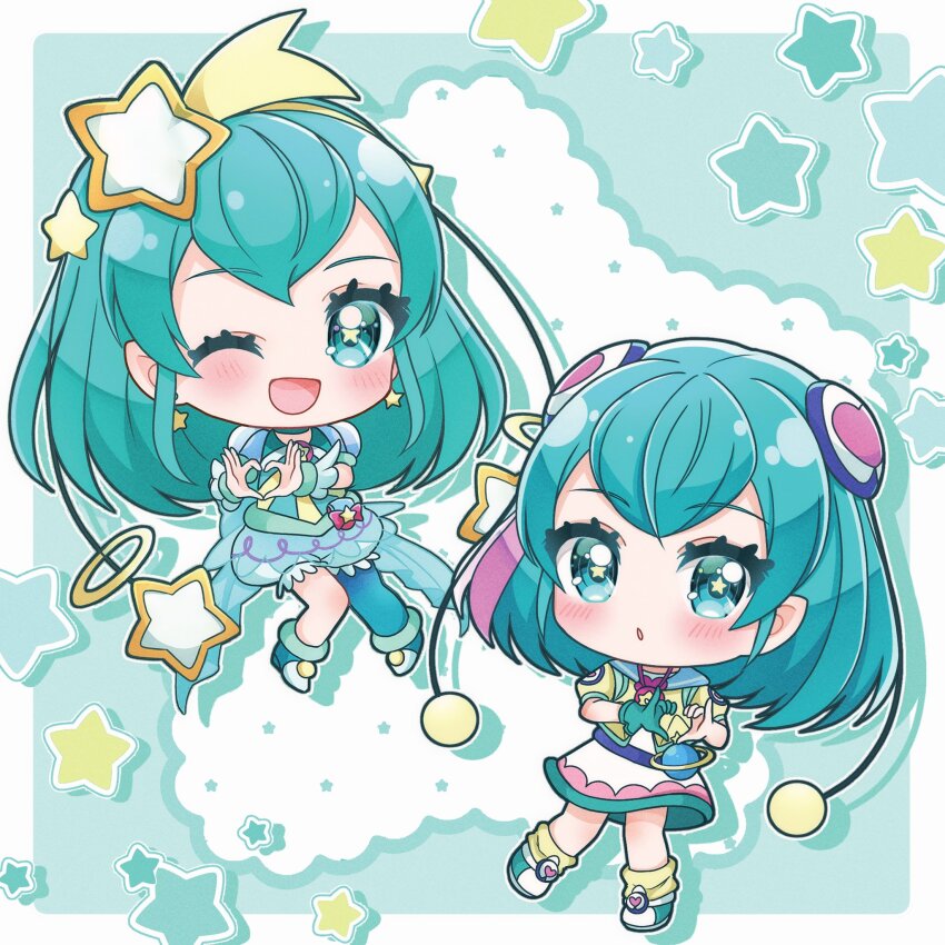 2girls aqua_eyes aqua_hair cure_milky dual_persona full_body hagoromo_lala heart heart_hands highres medium_hair multiple_girls open_mouth precure puffy_short_sleeves puffy_sleeves sailor_collar short_sleeves skirt smile star-shaped_pupils star_(symbol) star_twinkle_precure symbol-shaped_pupils umiyuki_(umi_chu)