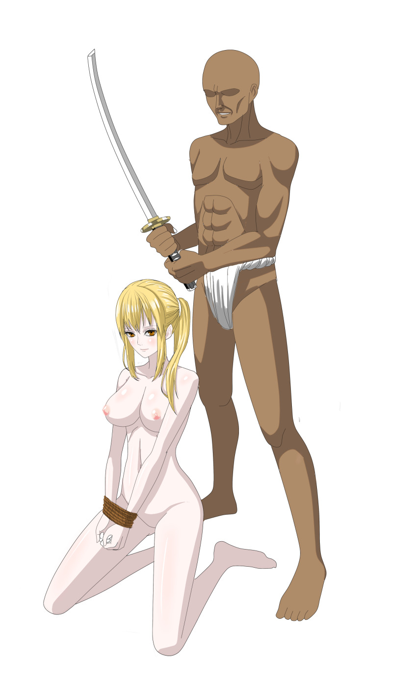 1boy 1girl absurdres blonde_hair breasts execution highres katana large_breasts long_hair nude pmh ponytail sword weapon yellow_eyes