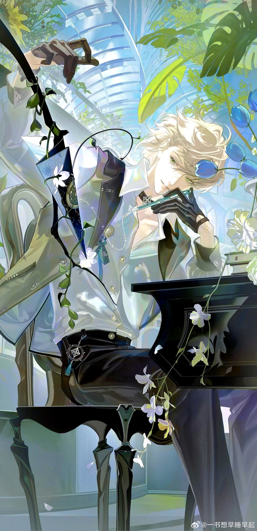 1boy absurdres alkaid_mcgrath badge belt_charm black_choker black_gloves black_pants blonde_hair blue_flower book book_stack branch buttoned_cuffs buttons chair charm_(object) chinese_commentary choker cloud collarbone collared_shirt conservatory day elbow_rest falling_petals feet_out_of_frame flower gloves green_eyes green_vest hair_behind_ear hair_between_eyes hand_up head_on_hand highres holding holding_pen indoors long_sleeves looking_at_viewer looking_to_the_side lovebrush_chronicles male_focus medium_hair nib_pen_(object) official_art open_clothes open_collar open_vest pants paper_airplane parted_lips pen petals plant shirt shirt_tucked_in sideways_glance sitting smile solo string table tulip tuotuo vest vines watermark weibo_watermark white_flower window