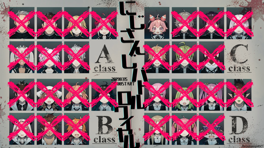 1other 6+boys 6+girls :3 achikita_chinami ahoge alternate_costume animal_hood beard_stubble belmond_banderas black_dress black_hair black_ribbon black_sailor_collar blonde_hair blood blood_splatter border brown_hair closed_eyes closed_mouth collared_shirt colored_tips curled_horns dark-skinned_female dark_skin dated debidebi_debiru dress english_text expressionless facial_hair facial_mark flower folded_ponytail gakuran glasses green_hair grey_border grey_hair hair_flower hair_ornament hanabatake_chaika highres honma_himawari hood hood_down hood_up horns izumo_kasumi_(nijisanji) kanae_(nijisanji) kanda_shouichi kenmochi_touya kudou_chitose kuroi_shiba kuzuha_(nijisanji) long_hair looking_at_viewer maimoto_keisuke makaino_ririmu mixed-language_text morinaka_kazaki multicolored_hair multiple_boys multiple_girls nakao_azuma neck_ribbon nijisanji ninahachi open_mouth orange_hair panda_hood pinafore_dress pink_flower pink_hair pointy_ears popped_collar purple_hair red_eyes ribbon sailor_collar sakura_ritsuki sasaki_saku school_uniform serafuku serious shibuya_hajime shiina_yuika shirt short_hair sister_claire sleeveless sleeveless_dress smile spoilers star_(symbol) star_facial_mark stubble todoroki_kyouko translation_request twintails twitter_username ushimi_ichigo uzuki_kou very_short_hair virtual_youtuber warabeda_meiji white_hair white_shirt x yashiro_kizuku yearbook yumeoi_kakeru yuuhi_riri