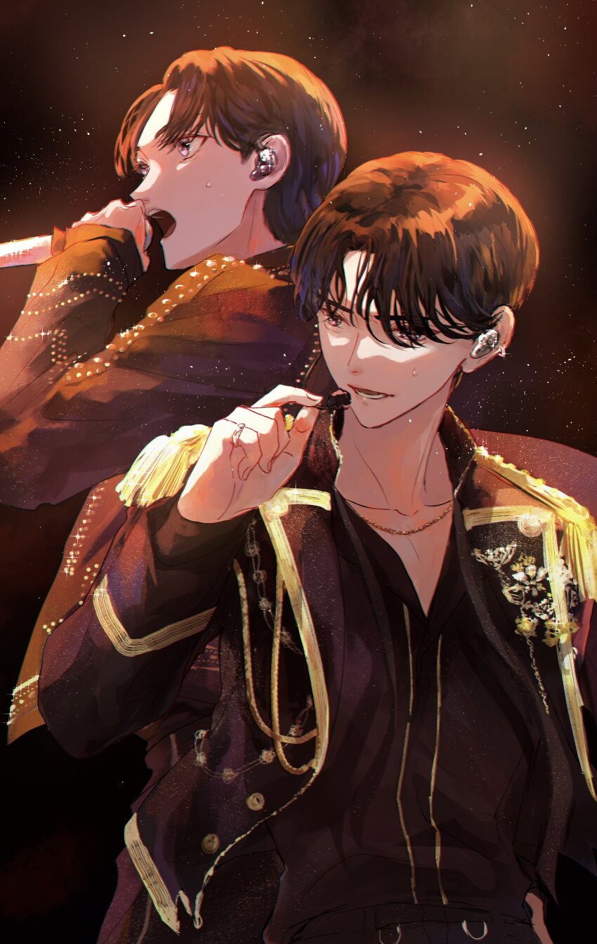 2boys absurdres black_jacket black_shirt brown_hair commentary_request epaulettes highres holding holding_microphone in-ear_earphones jacket jeonghan_(seventeen) joshua_(seventeen) k-pop korean_commentary male_focus microphone mokome124 multiple_boys music open_mouth real_life seventeen_(group) shirt short_hair singing upper_body