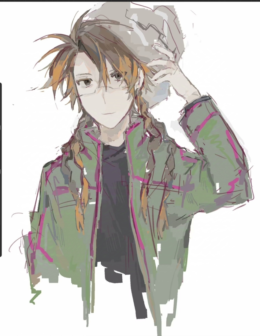 1boy black_eyes black_shirt blonde_hair brown_hair chinese_commentary closed_mouth commentary_request cropped_torso glasses green_jacket helmet highres holding holding_helmet jacket lei_renqun_xing_shanyao_shi long_hair long_sleeves male_focus multicolored_hair open_clothes open_jacket orie_rin pink_trim quad_braids saibou_shinkyoku semi-rimless_eyewear shirt simple_background sketch solo two-tone_hair white_background