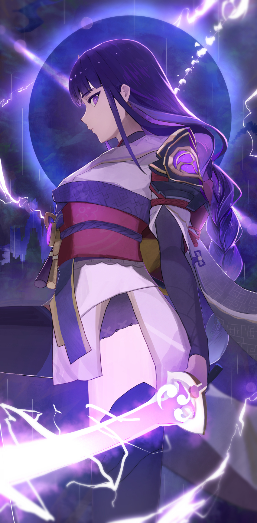 1girl absurdres armor black_thighhighs braid bridal_gauntlets closed_mouth commentary_request cowboy_shot electricity from_side genshin_impact highres holding holding_sword holding_weapon japanese_clothes kimono long_hair looking_at_viewer low-braided_long_hair low-tied_long_hair musou_isshin_(genshin_impact) obijime palulap profile purple_eyes purple_hair purple_kimono raiden_shogun shoulder_armor sideways_glance solo sword thighhighs very_long_hair weapon