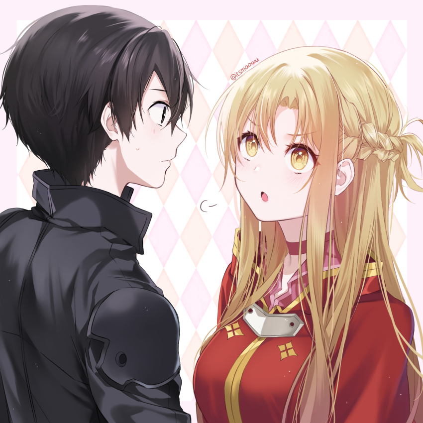 1boy 1girl :o argyle_background asuna_(sao) black_coat black_eyes black_hair braid choker closed_mouth coat commentary couple eyelashes gold_trim half_up_braid hetero highres huffing istriri kirito light_blush long_hair looking_at_another open_mouth orange_background orange_eyes orange_hair pink_choker purple_background red_coat short_hair sweatdrop sword_art_online upper_body white_background