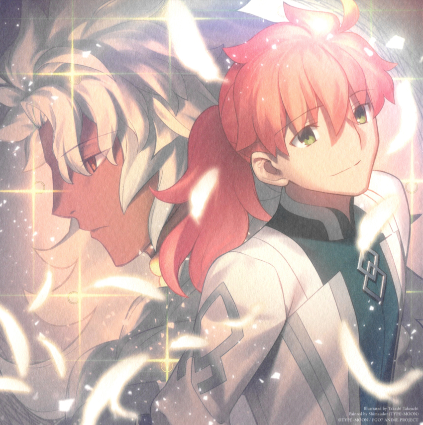 2boys braid brown_eyes chaldea_logo closed_mouth coat copyright_notice dark-skinned_male dark_skin expressionless eyes_visible_through_hair fate/grand_order fate_(series) feathers from_side frown glint green_eyes hair_between_eyes highres jewelry light_particles long_hair long_sleeves looking_up male_focus multiple_boys official_art pink_hair ponytail ring romani_archaman scan scan_artifacts shikishi shima_udon side_braid smile solomon_(fate) takeuchi_takashi upper_body white_coat white_hair