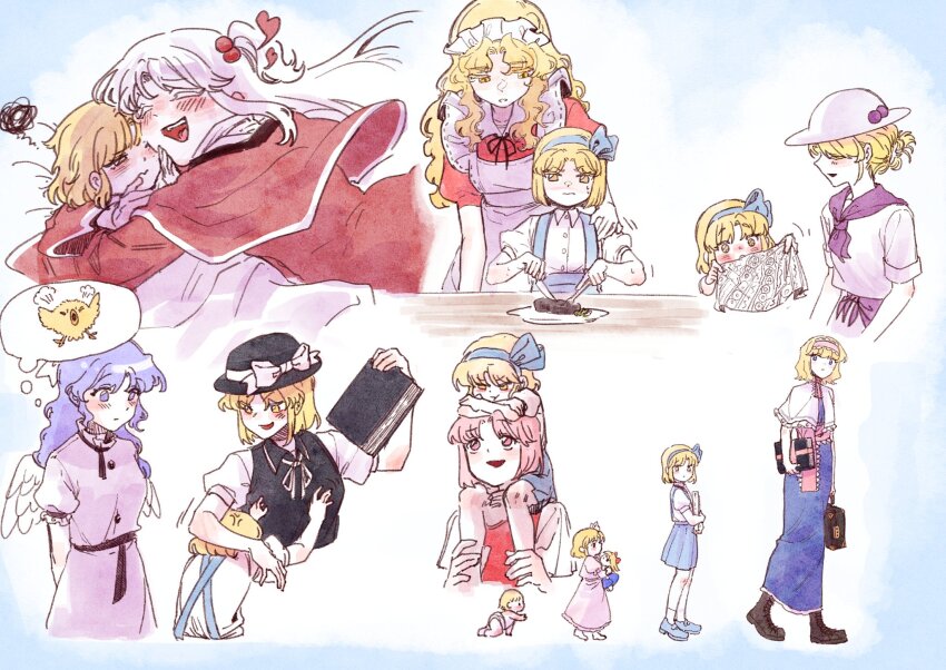 6+girls age_progression aged_down alice_margatroid alice_margatroid_(pc-98) anger_vein baby baby_animal bed_sheet bird black_boots black_hat blonde_hair blue_hair blue_headband blue_shoes blue_skirt blush book boots bow bow_headband briefcase capelet chick closed_mouth cutting doll dress fabric feathered_wings food fork frilled_headband grimoire_of_alice hair_bobbles hair_ornament hat hat_ornament headband heart highres holding holding_back holding_book holding_briefcase holding_doll holding_fork holding_knife hug knife long_hair looking_to_the_side louise_(touhou) lovelobten mai_(touhou) maid_headdress medium_hair motion_lines multiple_girls multiple_views mystic_square open_mouth pink_dress pink_hair pink_headband plate ponytail pout puffy_short_sleeves puffy_sleeves red_dress red_eyes sara_(touhou) shanghai_doll shinki_(touhou) shirt shoes short_hair short_sleeves sitting_on_shoulder skirt smile speech_bubble squiggle steak sweatdrop table teasing thought_bubble touhou touhou_(pc-98) watercolor_background watercolor_effect wavy_hair white_bow white_capelet white_hat white_shirt wings yellow_eyes yuki_(touhou) yumeko_(touhou)