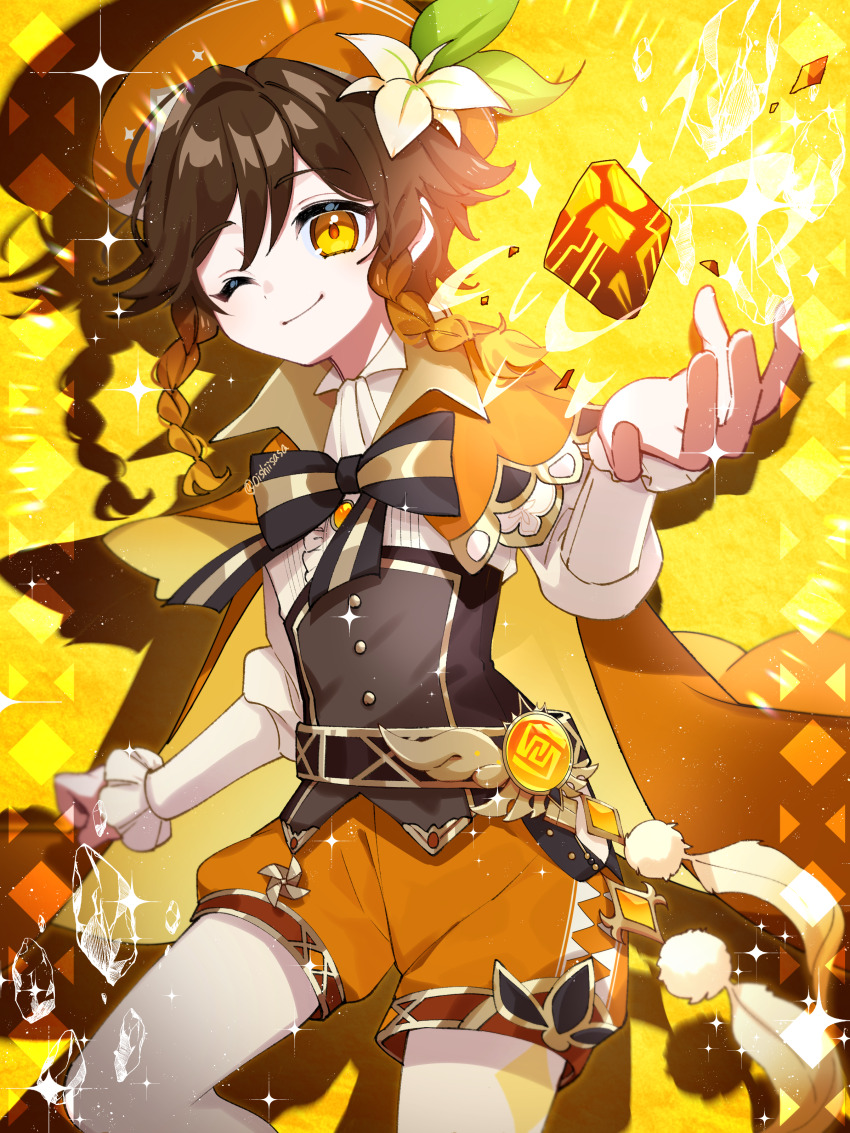 1boy absurdres alternate_eye_color alternate_hair_color beret black_bow black_bowtie black_hair bow bowtie braid brown_hair cape closed_mouth commentary_request flower genshin_impact geo_symbol_(genshin_impact) gradient_hair hair_ornament hat hat_flower highres long_sleeves looking_at_viewer male_focus multicolored_hair oishii_sasa one_eye_closed pale_skin pantyhose shirt short_hair_with_long_locks shorts smile solo twin_braids venti_(genshin_impact) vision_(genshin_impact) white_pantyhose white_shirt yellow_eyes yellow_hat yellow_shorts