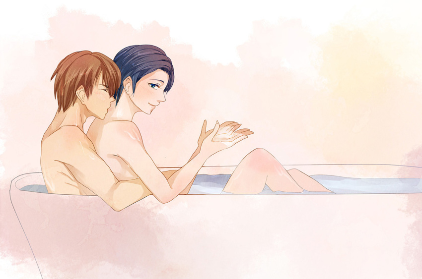 androgynous bathtub black_hair blue_eyes brown_hair closed_eyes couple eny3240 flat_chest gekkan_shoujo_nozaki-kun gender_request hetero hori_masayuki hug hug_from_behind kashima_yuu kiss kissing_neck knees_up mixed-sex_bathing shared_bathing short_hair smile water holding_water