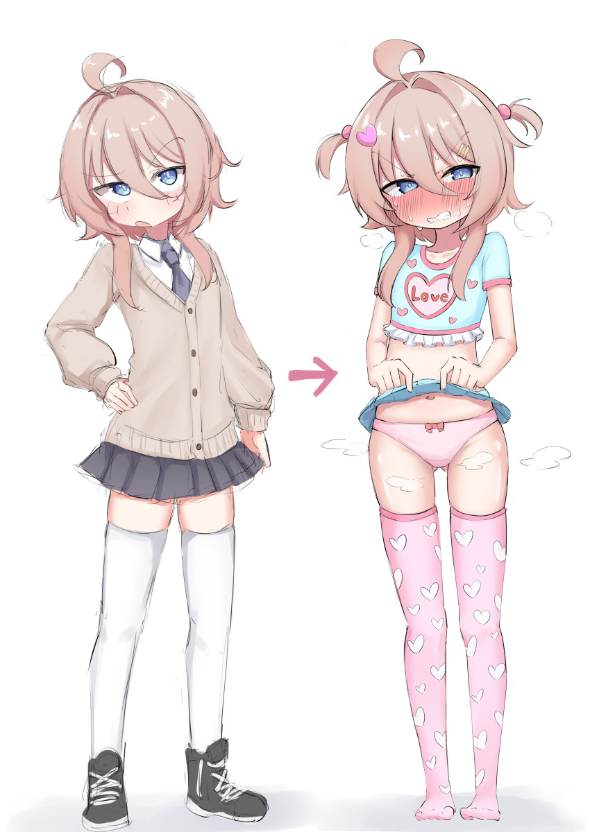 1girl absurdres ahoge bad_tag blue_eyes blush cardigan clothes_lift da_(hwss2287) embarrassed feet hair_ornament hairclip highres legs lifting_own_clothes loli long_hair midriff miniskirt navel necktie original panties pink_panties school_uniform shirt shoes short_twintails skirt skirt_lift solo standing stomach sweat thighhighs thighs twintails underwear white_thighhighs