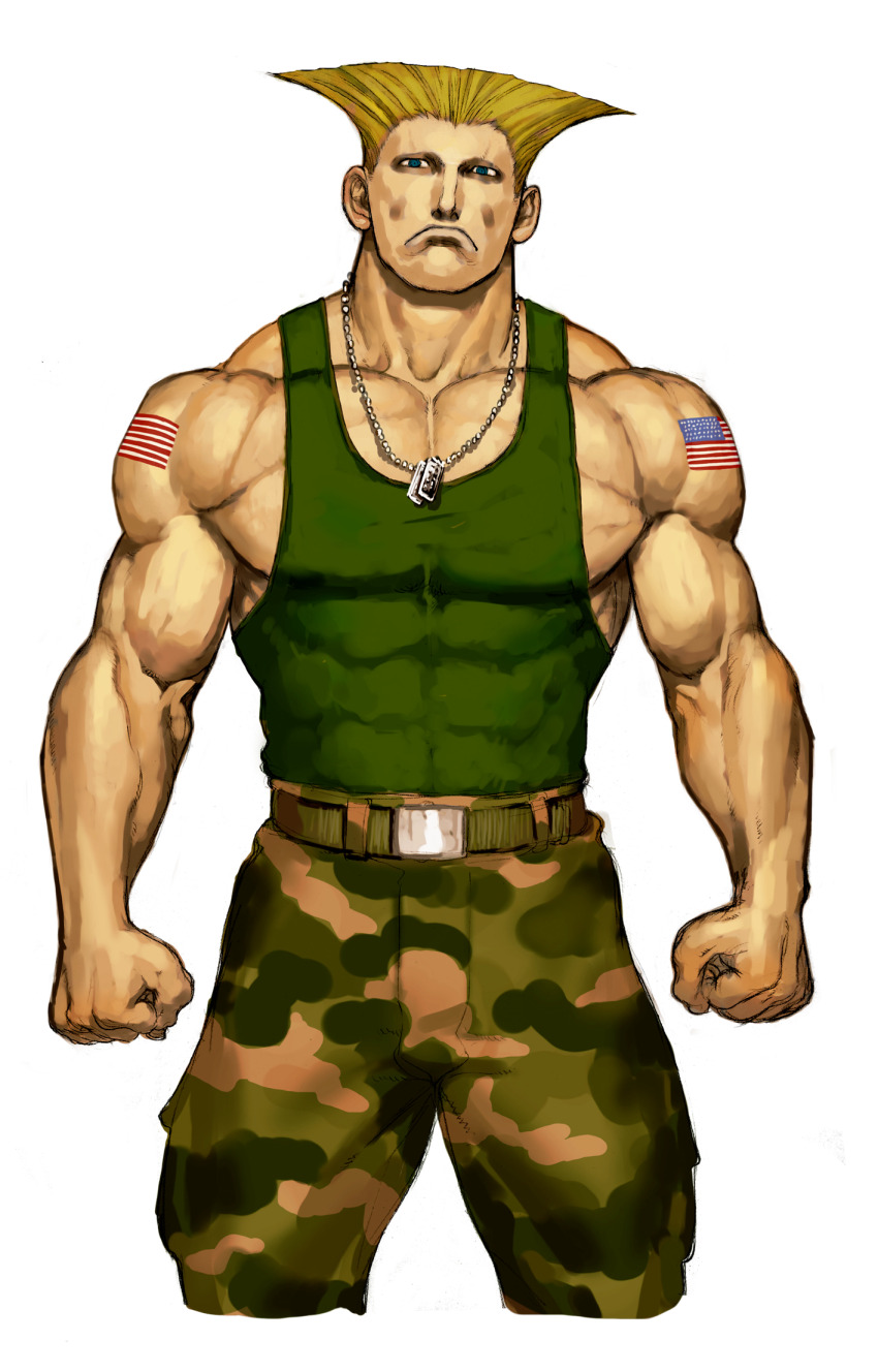 1boy american_flag american_flag_tattoo arms_at_sides blonde_hair boots camouflage camouflage_pants capcom_vs_snk clenched_hands dog_tags flattop game_cg guile highres ikeno_daigo male_focus muscular muscular_male no_eyebrows non-web_source official_art pants simple_background smile solo standing street_fighter tank_top tattoo white_background