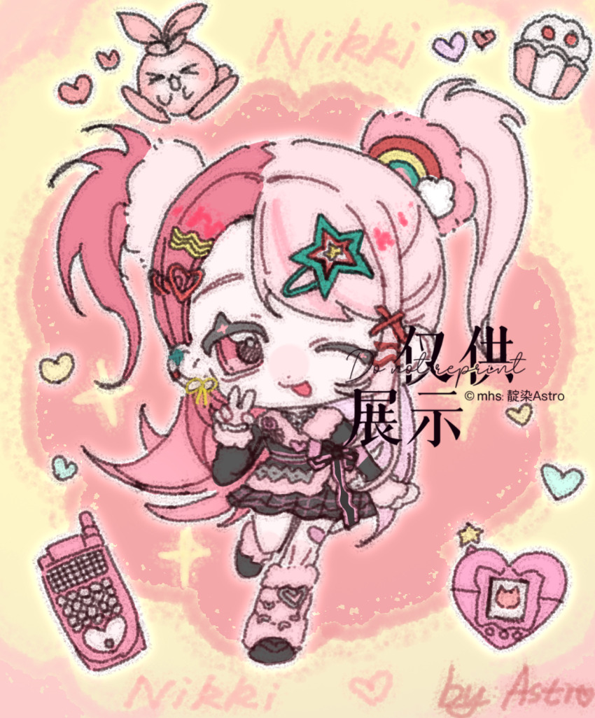 &gt;_&lt; 1girl animal artist_name black_bow black_jacket black_shoes black_skirt blushbunny_(infinity_nikki) bow cellphone chibi chinese_commentary commentary_request cupcake dot_nose ear_piercing earrings eyelashes flat_color flip_phone food fur-trimmed_jacket fur-trimmed_sleeves fur_trim gyaru hair_ornament hair_scrunchie hairclip happy heart heart_hair_ornament heart_tattoo highres infinity_nikki jacket jewelry layered_sleeves leg_tattoo leg_warmers loafers long_hair long_sleeves miniskirt multicolored_hair necklace nikki_(series) one_eye_closed open_mouth outline parallel_hairclips phone piercing pink_background pink_eyes pink_hair pink_leg_warmers pink_scrunchie plaid_clothes plaid_skirt pleated_skirt rabbit rainbow_hair_ornament ribbon ribbon_earrings rosie_sweetheart_(infinity_nikki) scrunchie shoes single_earring skirt smile solo split-color_hair star_(symbol) star_earrings star_hair_ornament tamagotchi_(virtual_pet) tattoo two-tone_background two_side_up v very_long_hair virtual_pet_(toy) waist_bow watermark white_outline x_hair_ornament y2k_fashion yellow_background yellow_ribbon zhenzhunaicha14817