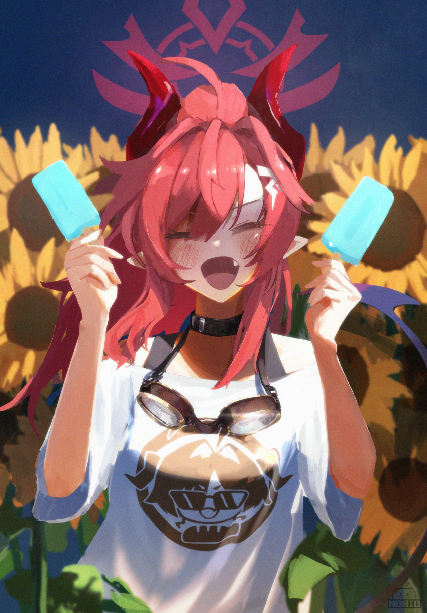 1girl absurdres alternate_costume belt_collar blue_archive collar demon_horns fang flower food halo highres holding holding_food holding_popsicle horns kasumi_(blue_archive) megu_(blue_archive) norio_(norio386) pointy_ears ponytail popsicle print_shirt red_hair red_halo red_horns shirt smile solo sunflower white_shirt