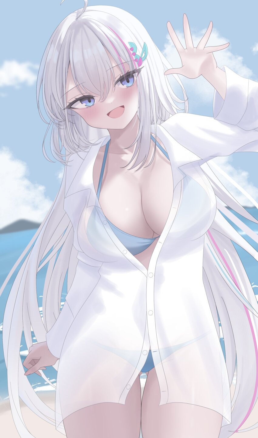 1girl absurdres ahoge beach bikini blue_bikini blue_eyes blush breasts cleavage cloud ember_amane gluteal_fold hair_ornament highres large_breasts long_hair multicolored_hair non_non427 open_mouth partially_unbuttoned phase_connect pink_hair second-party_source shirt sky solo streaked_hair swimsuit thigh_gap virtual_youtuber white_hair white_shirt