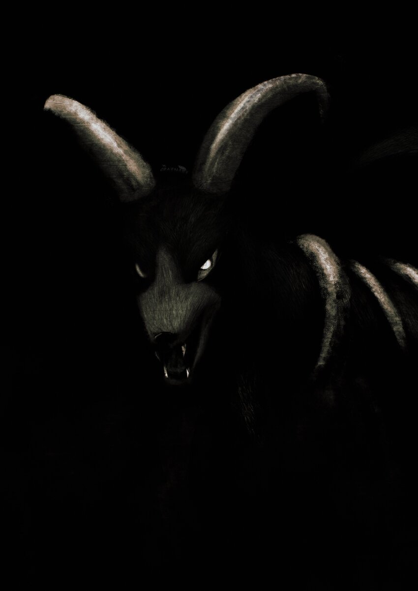 absurdres black_background black_theme crain1art fangs gen_2_pokemon glowing glowing_eyes highres horns houndoom looking_at_viewer nintendo no_humans open_mouth pokemon pokemon_(creature) pokemon_focus white_eyes