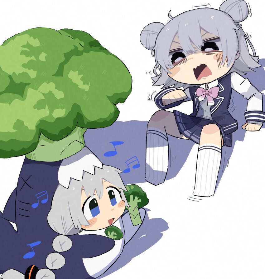 2girls :d absurdres animal_costume black_skirt blue_eyes blush_stickers bow bowtie braid broccoli brown_eyes cevio chibi chibi_only collared_shirt commentary disgust double_bun food food_costume hair_bun highres holding holding_food holding_vegetable kizuna_akari koharu_rikka konohoshi long_hair long_sleeves multiple_girls musical_note open_mouth pink_bow pink_bowtie pleated_skirt shaded_face shark_costume shirt simple_background skirt smile socks symbol-only_commentary synthesizer_v trembling twin_braids v-shaped_eyebrows vegetable vocaloid voiceroid white_background white_shirt white_socks