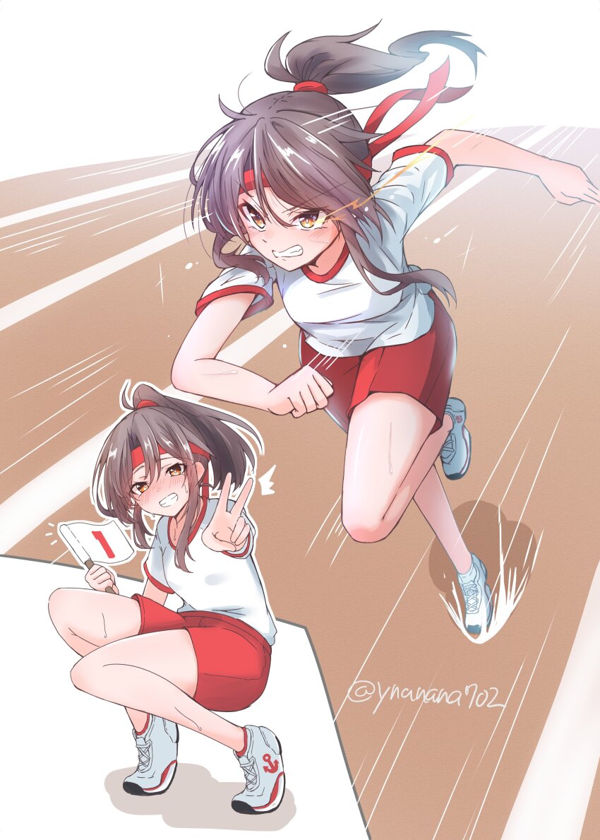 1girl 702_(naotsu) absurdres blush breasts brown_hair gym_shorts highres kantai_collection long_hair motion_lines multiple_views ponytail red_shorts running shirt shoes short_sleeves shorts small_breasts smile solo speed_lines twitter_username v white_shirt zuihou_(kancolle)