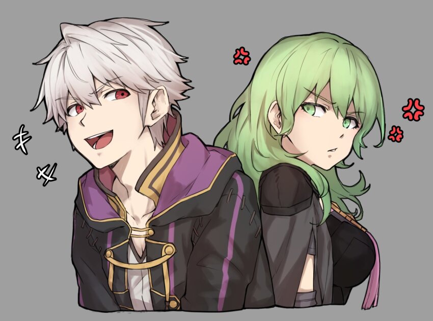 1boy 1girl anger_vein annoyed back-to-back black_robe breasts commentary_request corruption dark_persona female_byleth_(awakened)_(fire_emblem) female_byleth_(fire_emblem) fire_emblem fire_emblem:_three_houses fire_emblem_awakening green_hair grey_background grima_(fire_emblem) highres hooded_robe intelligent_systems large_breasts looking_at_another looking_back male_robin_(fire_emblem) male_robin_(grima)_(fire_emblem) medium_hair nintendo open_clothes open_mouth open_robe possessed possession robe shirt short_hair simple_background sothis_(fire_emblem) teeth tongue trait_connection upper_body white_hair white_shirt zuzu_(ywpd8853)
