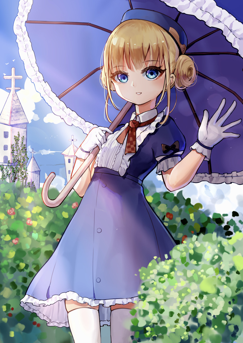 1girl absurdres alternate_costume azur_lane blonde_hair blue_eyes blue_hat blue_sky bush center_frills chinese_commentary church cloud collared_dress commentary_request cross day dhy-232 double_bun dress frilled_dress frilled_sleeves frills gloves grin hair_bun hat highres le_triomphant_(azur_lane) looking_at_viewer neck_ribbon outdoors parasol red_ribbon ribbon short_hair short_sleeves sky smile solo standing sunlight thighhighs umbrella white_gloves white_thighhighs