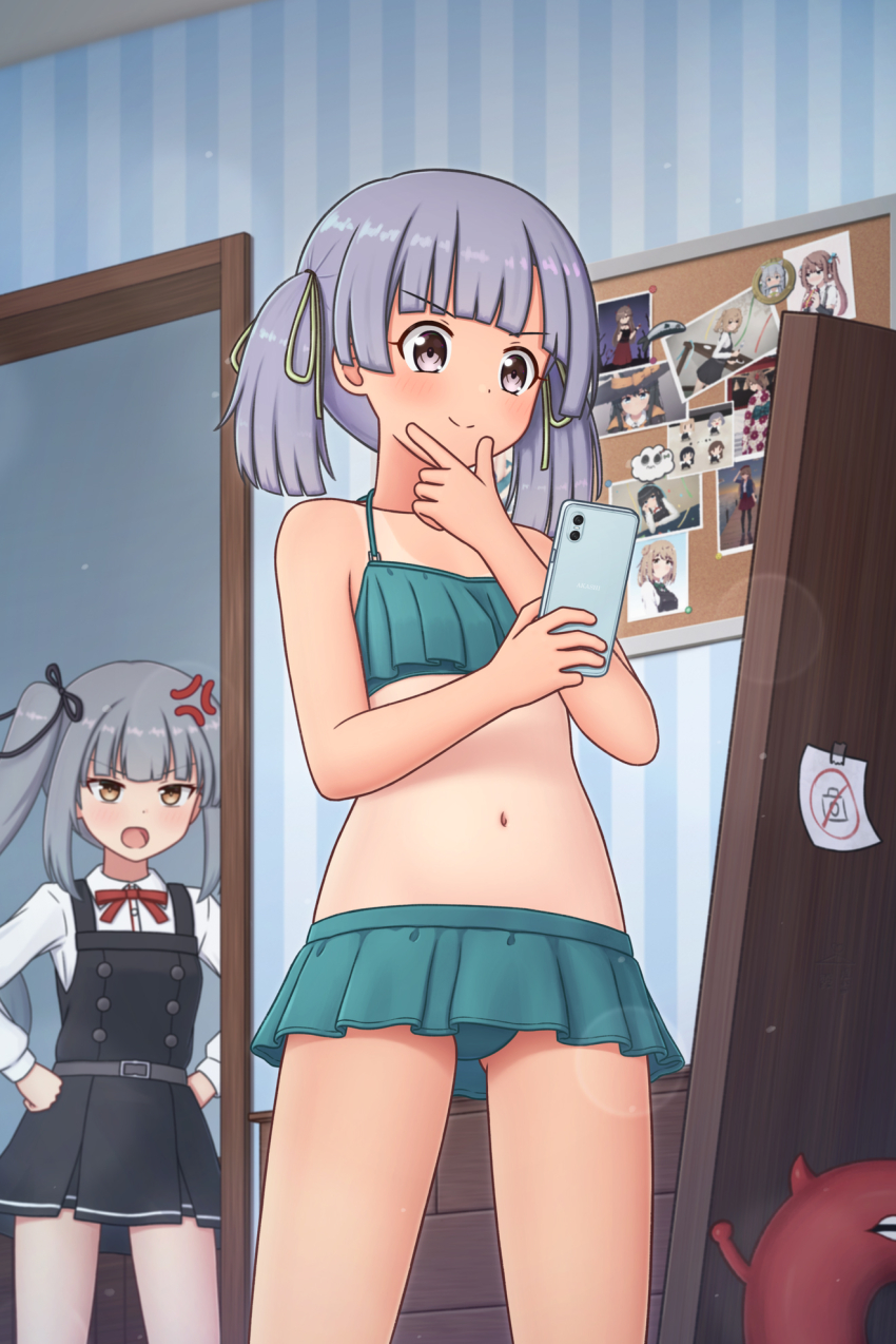 2girls abyssal_ship anger_vein bikini bikini_skirt black_ribbon brown_eyes cellphone cosplay dress enemy_lifebuoy_(kancolle) frilled_bikini frills green_bikini grey_hair hair_ribbon highres holding holding_phone indoors kantai_collection kasumi_(kancolle) kasumi_(kancolle)_(cosplay) kasumi_kai_ni_(kancolle) kasumi_kai_ni_(swimsuit)_(kancolle) konato_k long_hair long_sleeves multiple_girls navel neck_ribbon one-piece_tan ooshio_(kancolle) phone pinafore_dress purple_eyes purple_hair red_ribbon ribbon school_uniform shirt short_hair short_twintails side_ponytail sleeveless sleeveless_dress smartphone smile standing swimsuit tan tanline twintails white_shirt