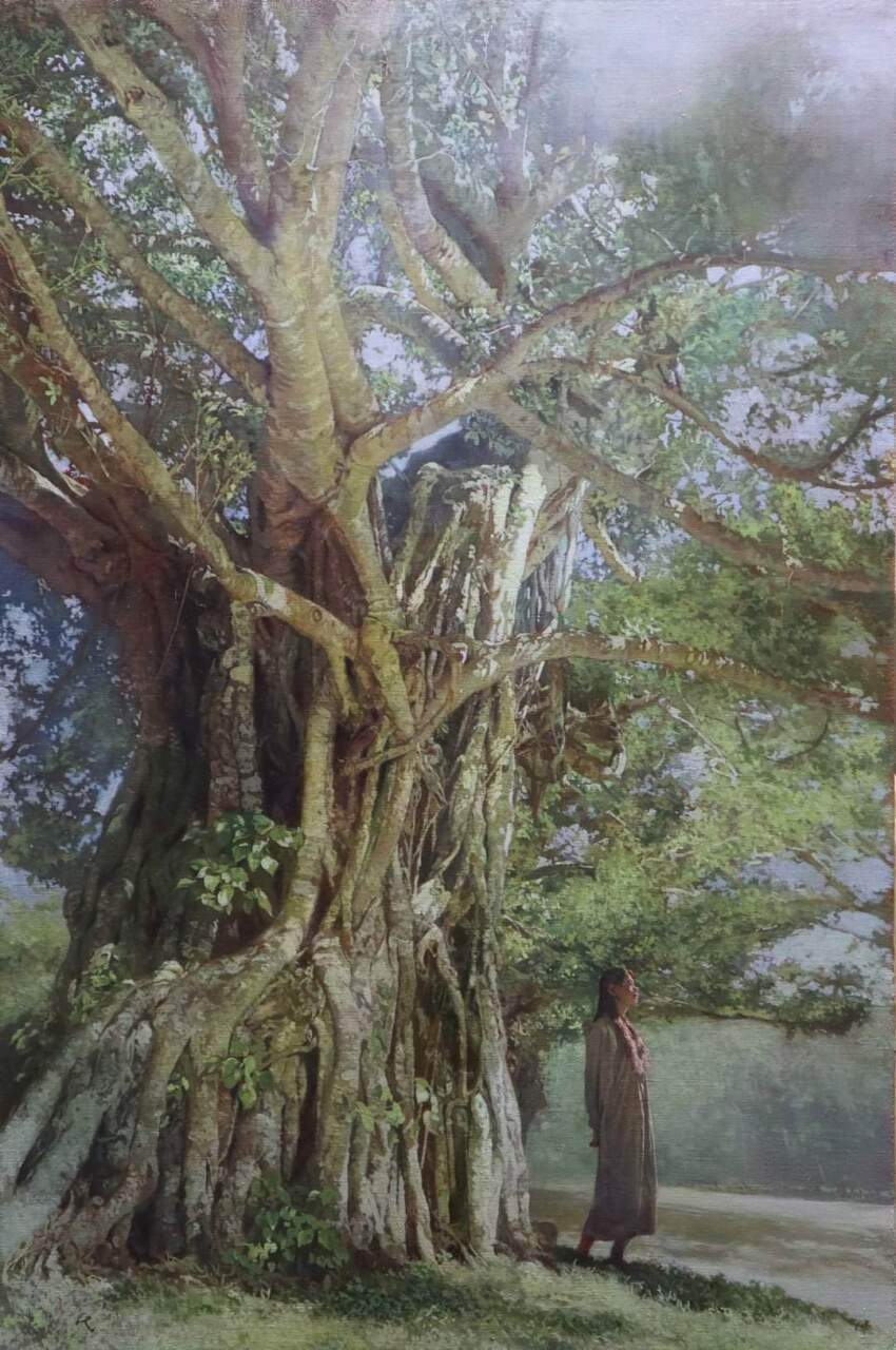 1girl bush day forest from_below grass highres leaf naohiro_ito nature no_humans original painting_(medium) plant plant_roots scenery shadow sky solo traditional_media tree white_sky