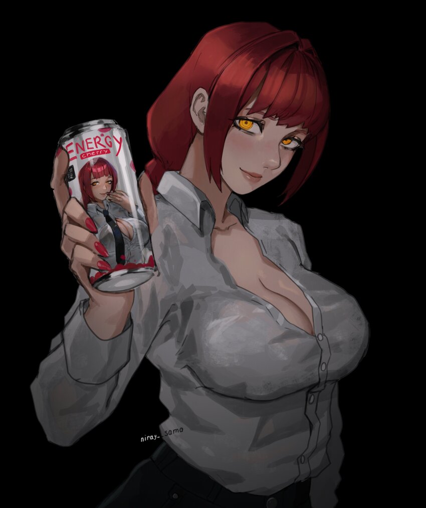 1girl absurdres black_background breasts can chainsaw_man cleavage closed_mouth collared_shirt energy_drink grey_shirt highres holding holding_can large_breasts looking_at_viewer makima_(chainsaw_man) red_hair red_nails shirt shirt_tucked_in sidelocks simple_background solo uchihaniray yellow_eyes
