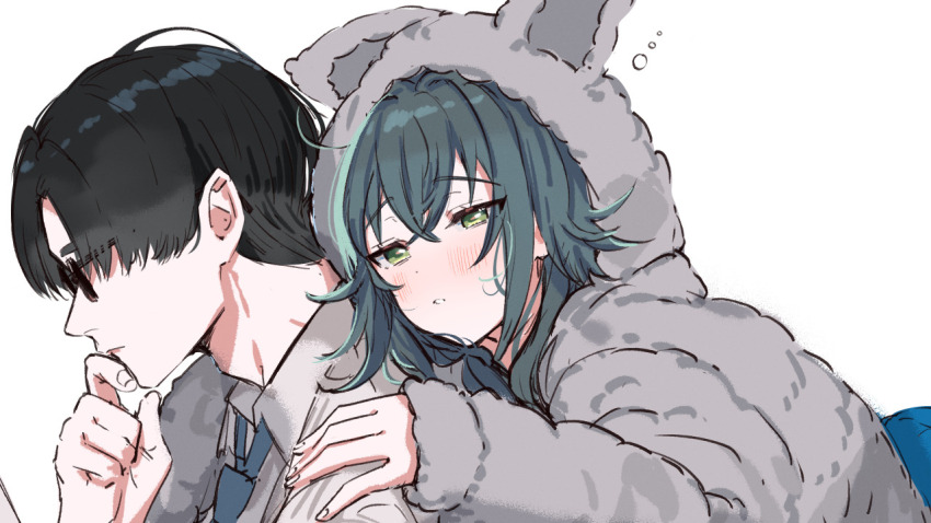 1boy 1girl animal_hood black-framed_eyewear black_hair blush commentary_request gakuen_idolmaster glasses green_hair hand_on_own_chin hetero hood hood_up idolmaster kasasagi_(futagodori888) leaning_on_person producer_(idolmaster) simple_background sleepy squeans stroking_own_chin tsukimura_temari white_background