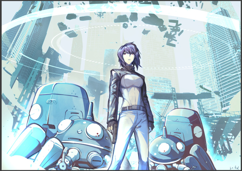 1girl art_study black_gloves black_shirt blue_pants city cityscape denim fingerless_gloves gloves jeans kusanagi_motoko lc.kid non-humanoid_robot original pants red_eyes robot ruins shirt solo tachikoma two-tone_shirt white_shirt