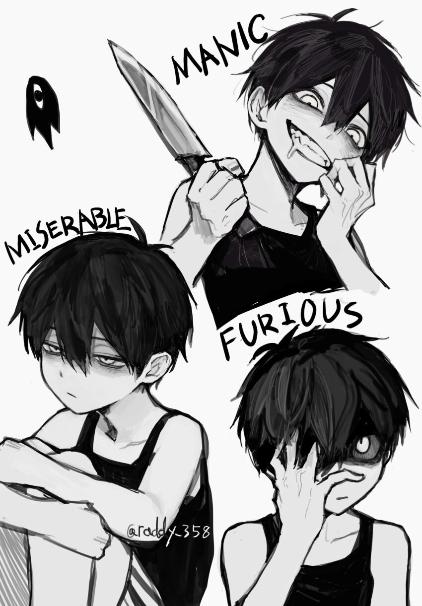 1boy black_hair black_tank_top closed_mouth collarbone colored_skin evil_grin evil_smile grin highres holding holding_knife knees_up knife looking_at_viewer male_focus omori omori_(omori) open_mouth raddy_358 shaded_face simple_background smile solo something_(omori) tank_top teeth twitter_username white_background white_eyes white_skin