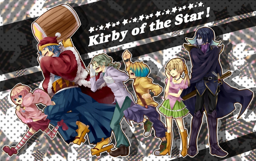 1girl 5boys angry annoyed armor ascot beard belt blonde_hair blue_eyes blue_hair blurry boots bow bun_(kirby) cape chain clenched_hand collar copyright_name denim dress_shirt escargon facepalm facial_hair formal_clothes fumu_(kirby) fur_trim galaxia_(sword) geta glasses gloves green_hair hainegom hair_ornament hakama hakama_pants hammer hand_on_another&#039;s_face hand_on_own_face hat highres hood hoodie janis_(hainegom) japanese_clothes jeans jewelry king_dedede kirby kirby_(series) loafers mask meta_knight multicolored_hair multiple_boys necklace nintendo open_mouth pants pauldrons personification pink_hair ponytail profile puffy_sleeves robe running sash sheath sheathed shirt shoes shorts shoulder_armor skirt sneakers socks standing star-shaped_pupils star_(symbol) striped_clothes striped_legwear striped_socks suit suspenders sweatdrop sword symbol-shaped_pupils two-tone_hair weapon wristband