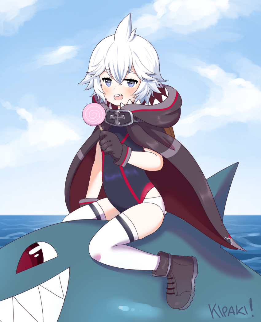 1girl :d artist_name azur_lane black_one-piece_swimsuit black_shoes blue_eyes blue_sky blush brown_cloak candy cloak cloud cloudy_sky commentary day english_commentary food highres holding holding_candy holding_food holding_lollipop hood hood_down hooded_cloak horizon kipaki lollipop looking_at_viewer ocean one-piece_swimsuit open_mouth outdoors sharp_teeth shoes signature sky smile solo swimsuit swirl_lollipop teeth thighhighs u-110_(azur_lane) water white_hair white_thighhighs