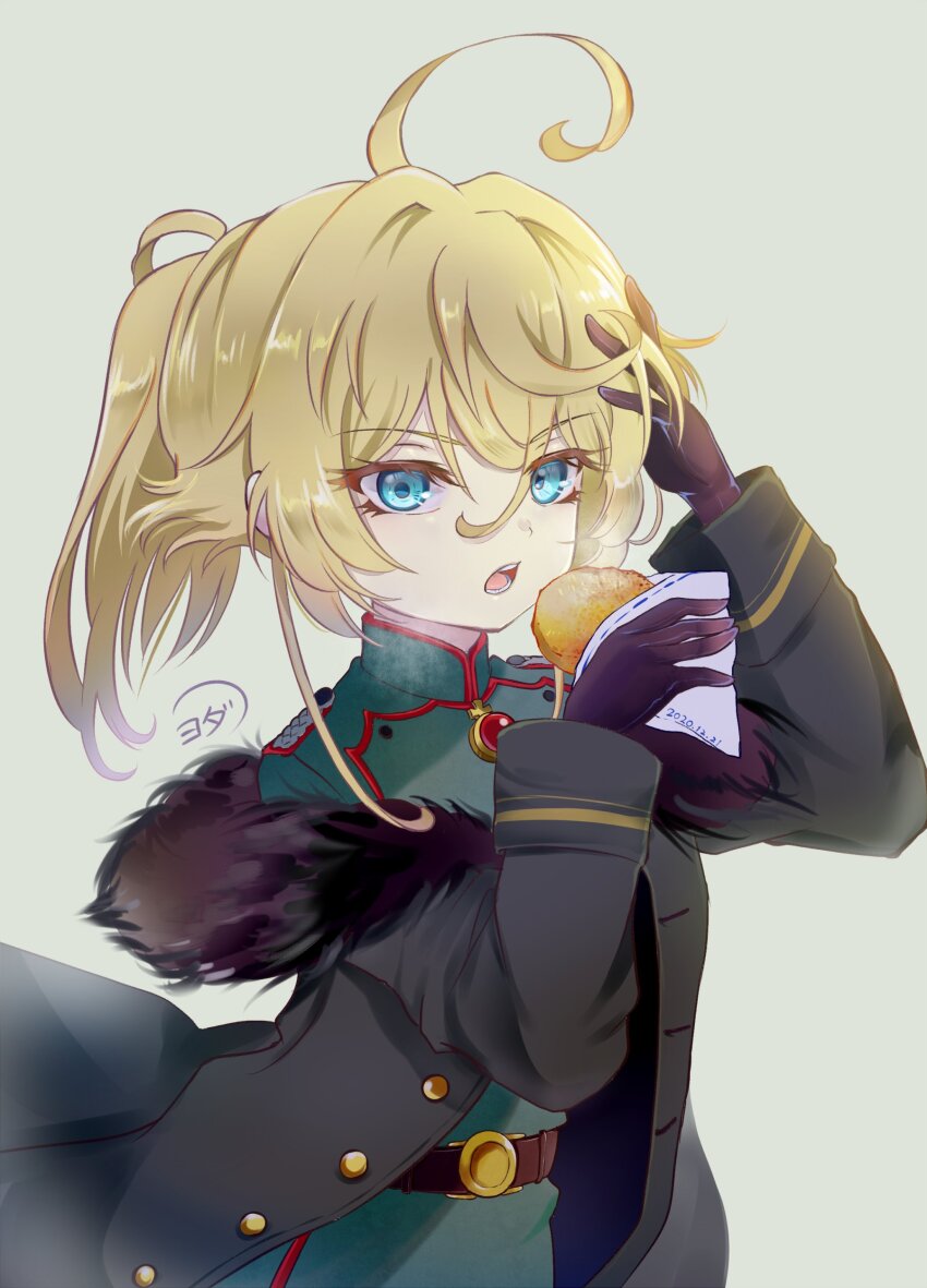 1girl absurdres ahoge belt black_coat black_gloves blonde_hair blue_eyes brown_belt buttons coat commentary_request cross dated food fur-trimmed_coat fur_trim gem gloves green_jacket hair_between_eyes hand_on_another&#039;s_head hands_up high_ponytail highres holding holding_food huge_ahoge iron_cross jacket long_hair long_sleeves looking_at_viewer mandarin_collar military_jacket open_clothes open_coat open_mouth ponytail red_gemstone sidelocks signature simple_background solo standing tanya_degurechaff teeth white_background youda_(seravichacha) youjo_senki