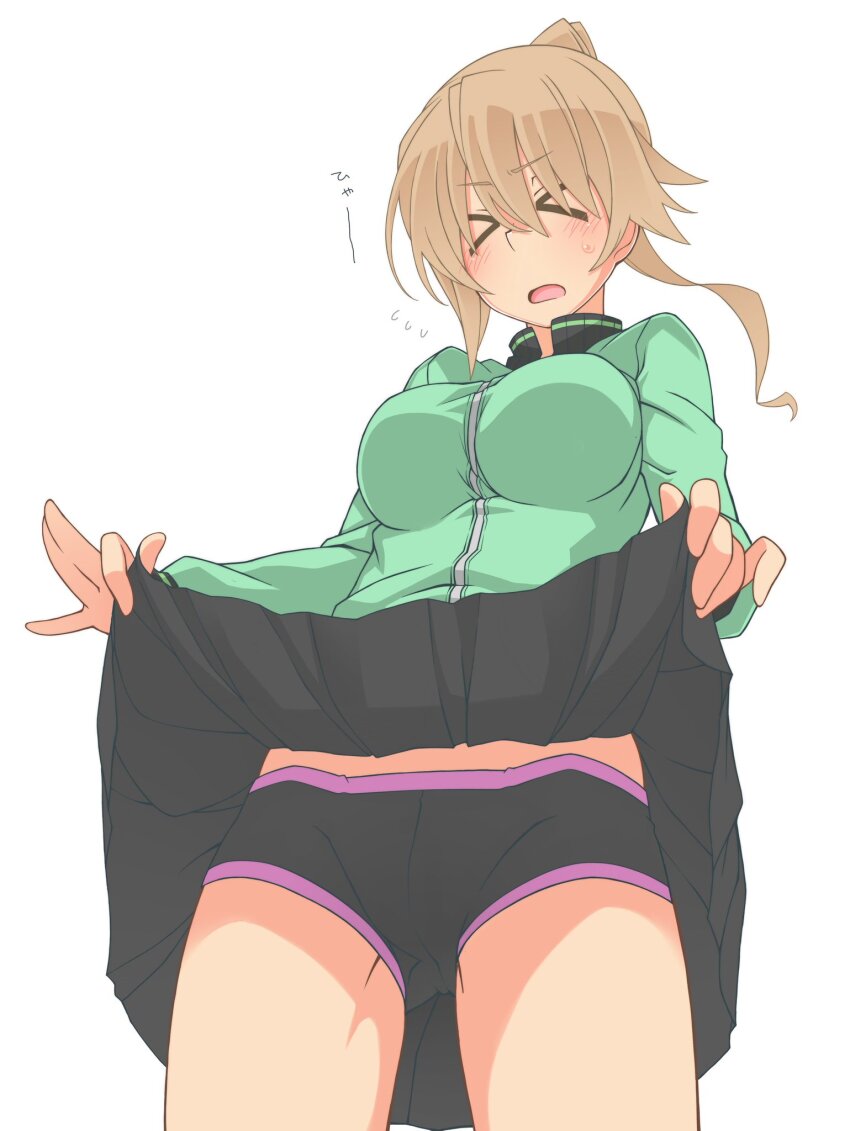 &gt;_&lt; 1girl black_panties black_skirt black_underwear blonde_hair blush boyshort_panties breasts closed_eyes clothes_lift cowboy_shot edging_panties edging_underwear from_below gluteal_fold green_jacket highres jacket kakiku_keiko large_breasts lifting_own_clothes oteruko_(wanabeee) panties skirt skirt_lift sweatdrop thighs track_jacket underwear