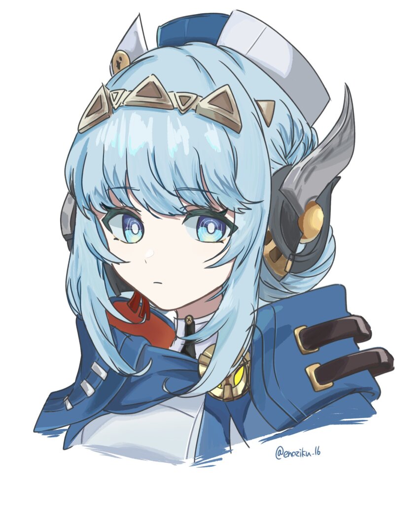 1girl artist_name blue_eyes blue_hair blunt_bangs closed_mouth enoziku_16 expressionless genshin_impact hair_ornament hair_up hat headpiece highres hood hood_down humanoid_robot ineffa_(genshin_impact) looking_at_viewer looking_to_the_side multicolored_eyes robot robot_girl simple_background solo twitter_username white_background