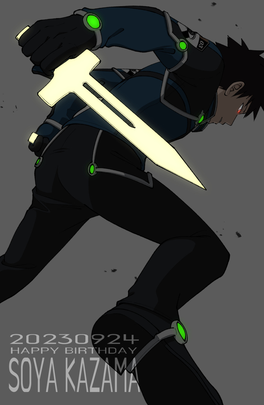 1boy badge black_gloves black_hair black_pants black_shoes blue_jacket character_name charging_forward dated dual_wielding energy_sword english_text feet_out_of_frame from_below from_side gloves glowing glowing_eyes grey_background happy_birthday highres holding jacket kazama_souya kazama_squad&#039;s_uniform long_sleeves male_focus naenokyuuri_(truchmobis) pants red_eyes shoe_soles shoes short_hair short_sword simple_background solo sword weapon world_trigger