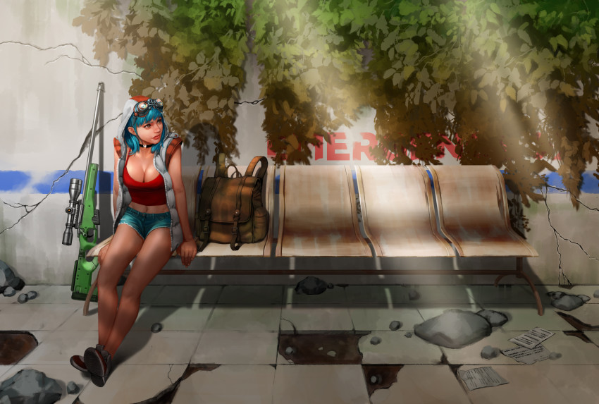 1girl aisle bag blue_hair breasts cleavage collar goggles gun highres hospital large_breasts lips medium_breasts navel original rifle science_fiction shoes shorts sitting sneakers sniper solo weapon zamash