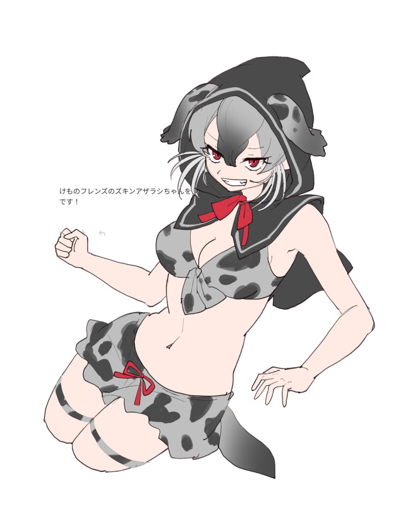 1girl bare_shoulders bikini bikini_skirt bow bowtie camouflage camouflage_bikini chicha_(chi_cha_rigbo) clenched_hand cowboy_shot fins gradient_background grey_bikini grey_hair grey_hood hair_between_eyes head_fins highres hooded_seal_(kemono_friends) kemono_friends midriff navel red_bow red_bowtie red_eyes short_hair sidelocks sleeveless smile solo swimsuit thigh_strap translation_request