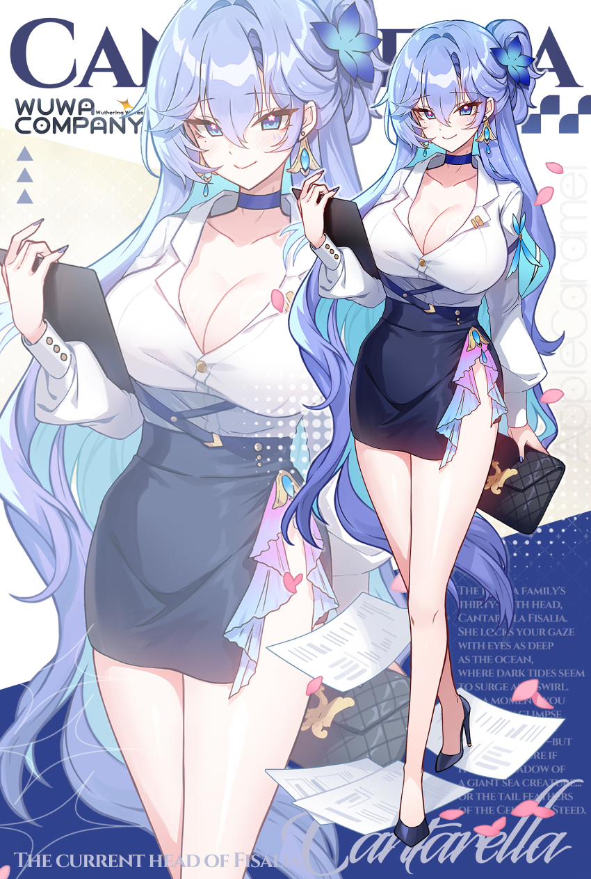 1girl alternate_costume apple_caramel bare_legs black_skirt blue_choker blue_eyes blue_flower blue_hair blue_shoes breasts cantarella_(wuthering_waves) character_name choker clipboard closed_mouth collarbone colored_inner_hair commentary earrings english_commentary english_text facial_mark fingernails flower full_body hair_between_eyes hair_flower hair_ornament high_heels highres holding holding_clipboard jewelry large_breasts legs long_hair long_sleeves looking_at_viewer mark_under_eye mole mole_under_eye multicolored_hair nail_polish purple_hair purple_nails shirt shoes side_slit skirt smile solo very_long_hair white_shirt wuthering_waves zoom_layer