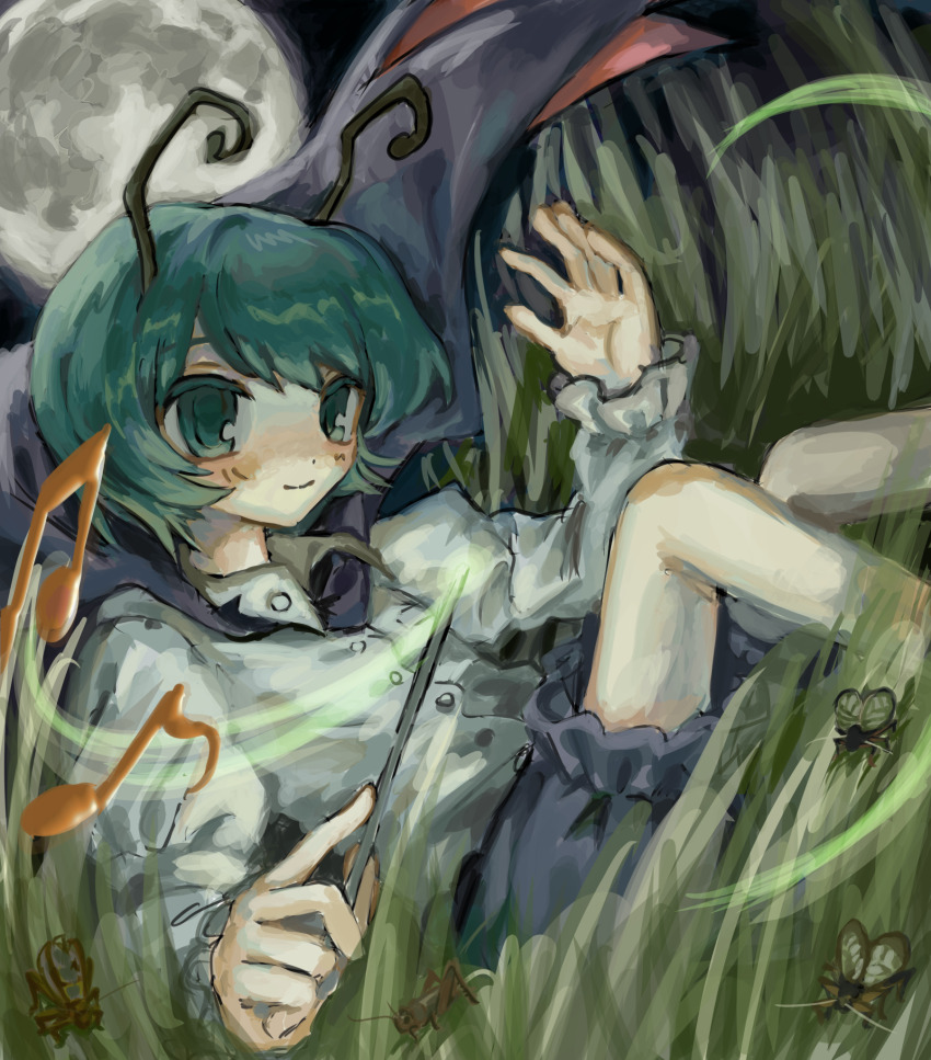 1girl antennae beetle black_cape black_shorts black_sky blush bug buttons cape closed_mouth collared_shirt conductor_baton feet_out_of_frame firefly flat_chest frilled_sleeves frills full_moon grass grasshopper green_eyes green_hair highres holding_baton insect long_sleeves looking_at_viewer moon musical_note night shirt short_hair shorts sky smile solo touhou white_shirt wriggle_nightbug yomogi0446