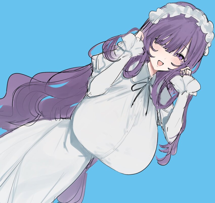 1girl :d black_ribbon blue_background blush breasts buttons collared_dress commentary dress dutch_angle eurasia_(wtp09ptw14) francoise_(eurasia) frilled_headwear frilled_sleeves frills hair_over_one_eye hands_up highres huge_breasts long_hair looking_at_viewer neck_ribbon open_mouth original purple_eyes purple_hair ribbon simple_background smile solo standing very_long_hair wavy_hair white_dress white_headdress
