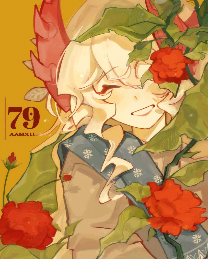 1girl aamx1i artist_name blue_scarf closed_eyes flower highres horns leaf long_hair long_sleeves parted_lips phighting! pink_horns red_flower roblox scarf simple_background smile solo sweater very_long_hair vinestaff_(phighting!) wavy_hair white_hair white_sweater yellow_background